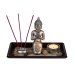 Deko-Set- Polyresin-Buddha auf Holz-Tablett- mit Glas-Teelichthalter- 3 Räucherstäbchen- Dekosteinen & Dekosand